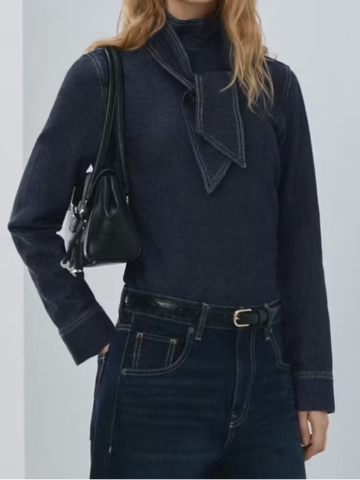 Mango Blue Denim Tie-Neck Blouse Denim Shirt With Tie Fastening 3297